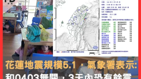 花蓮地震規模5.1，氣象署表示：和0403無關，3天內恐有餘震