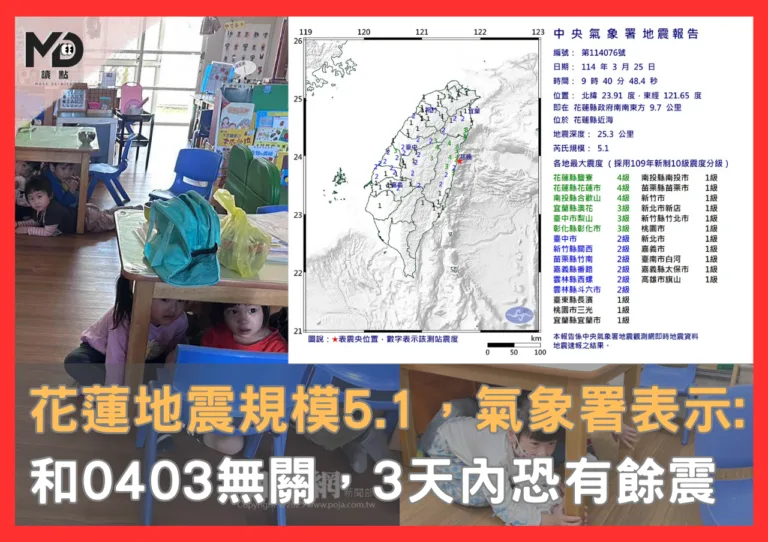 花蓮地震規模5.1，氣象署表示：和0403無關，3天內恐有餘震
