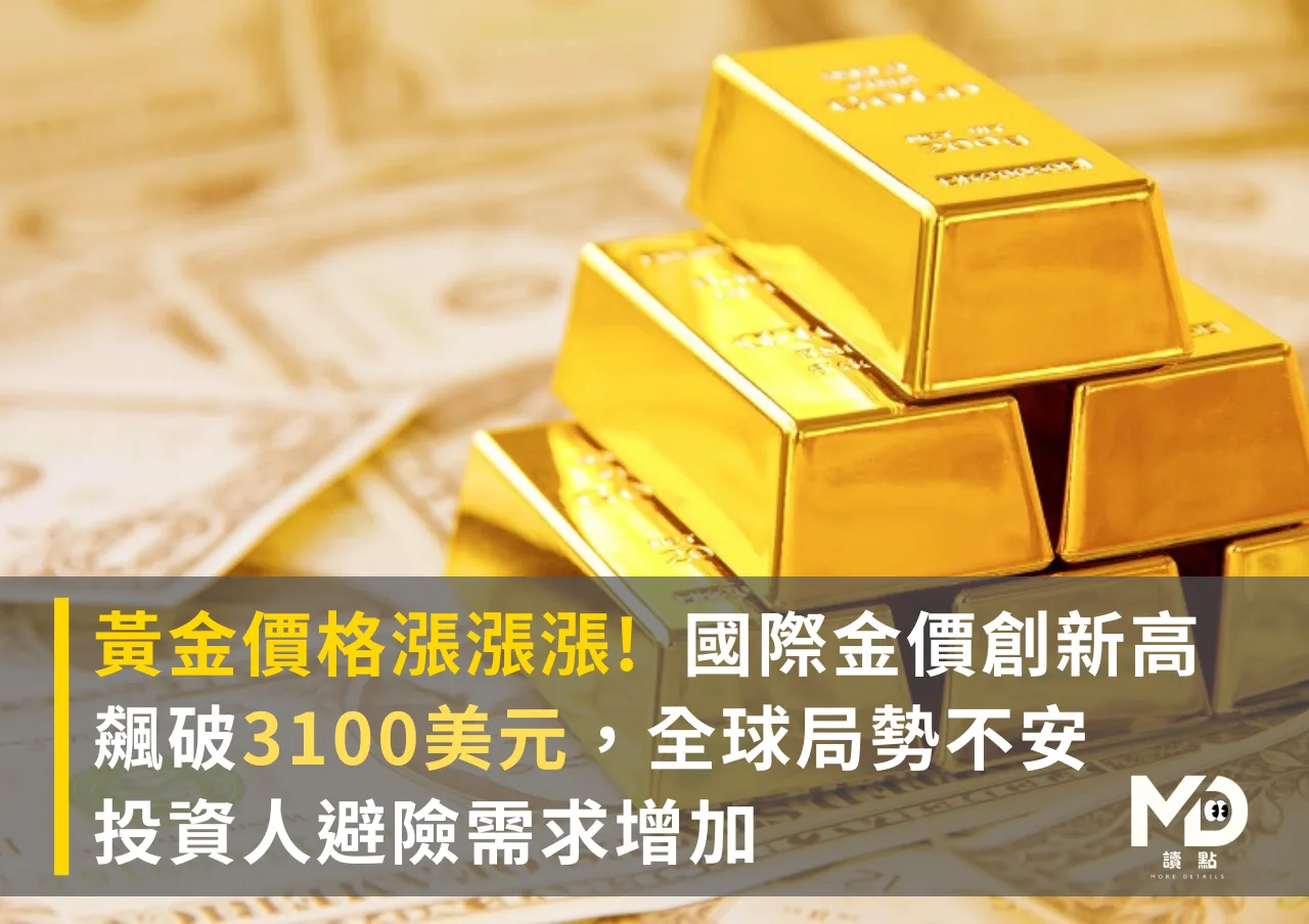 黃金價格漲漲漲!國際金價創新高,飆破3100美元,全球局勢不安,投資人避險需求增加