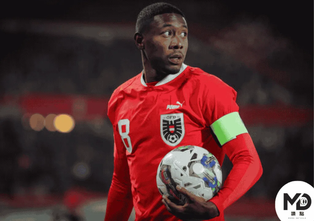 阿拉巴(David Alaba)以後場出球穩定與長傳轉換判斷與阿根廷對抗