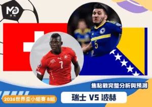 瑞士vs波赫｜2026世界盃B組焦點戰完整分析與預測