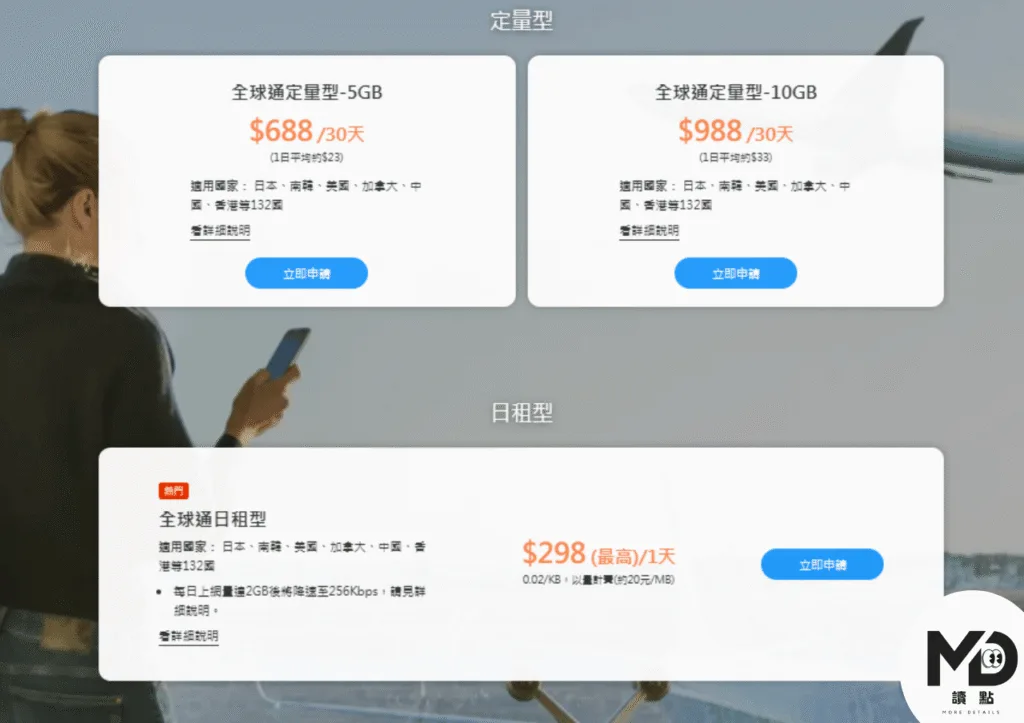 中華電信的漫遊方案分為定量型與日租型