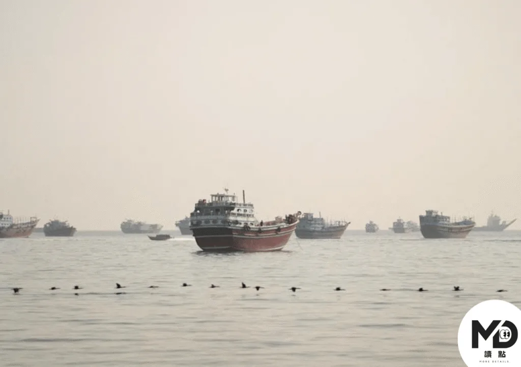2026年6月10日,從阿曼海岸拍攝的荷姆茲海峽,可見許多船隻停在海上